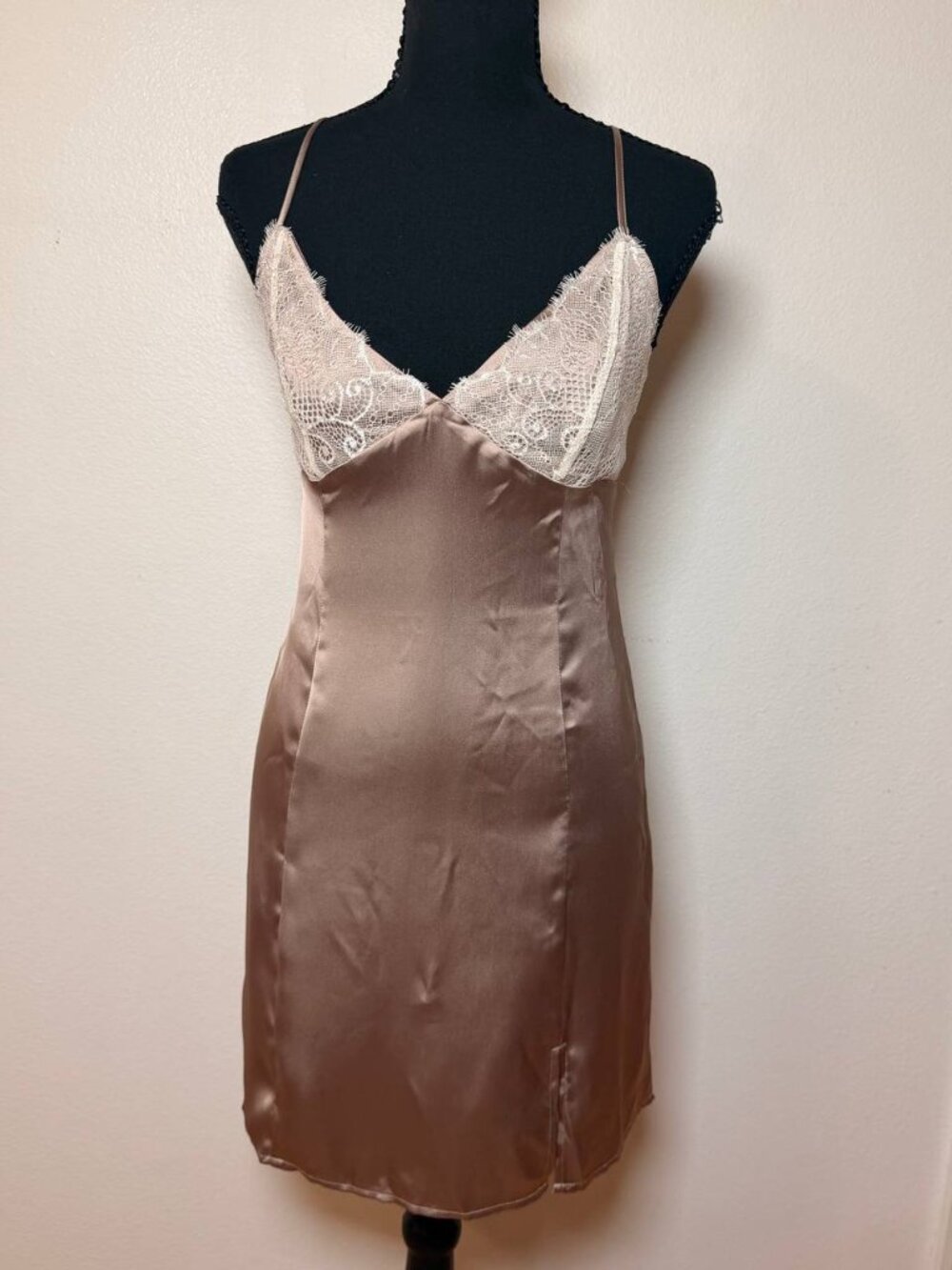 Garage Taupe Satin Lace Trim Slip Dress Crisscross Back 90s Coquette M NWT